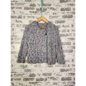 ONE GIRL WHO Mohair Blend Cardigan Small Blue Chunky Cropped Retro Chic Cozy